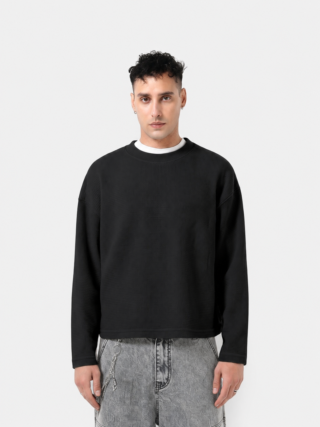 Maglia corta girocollo a maniche lunghe in punto waffle
