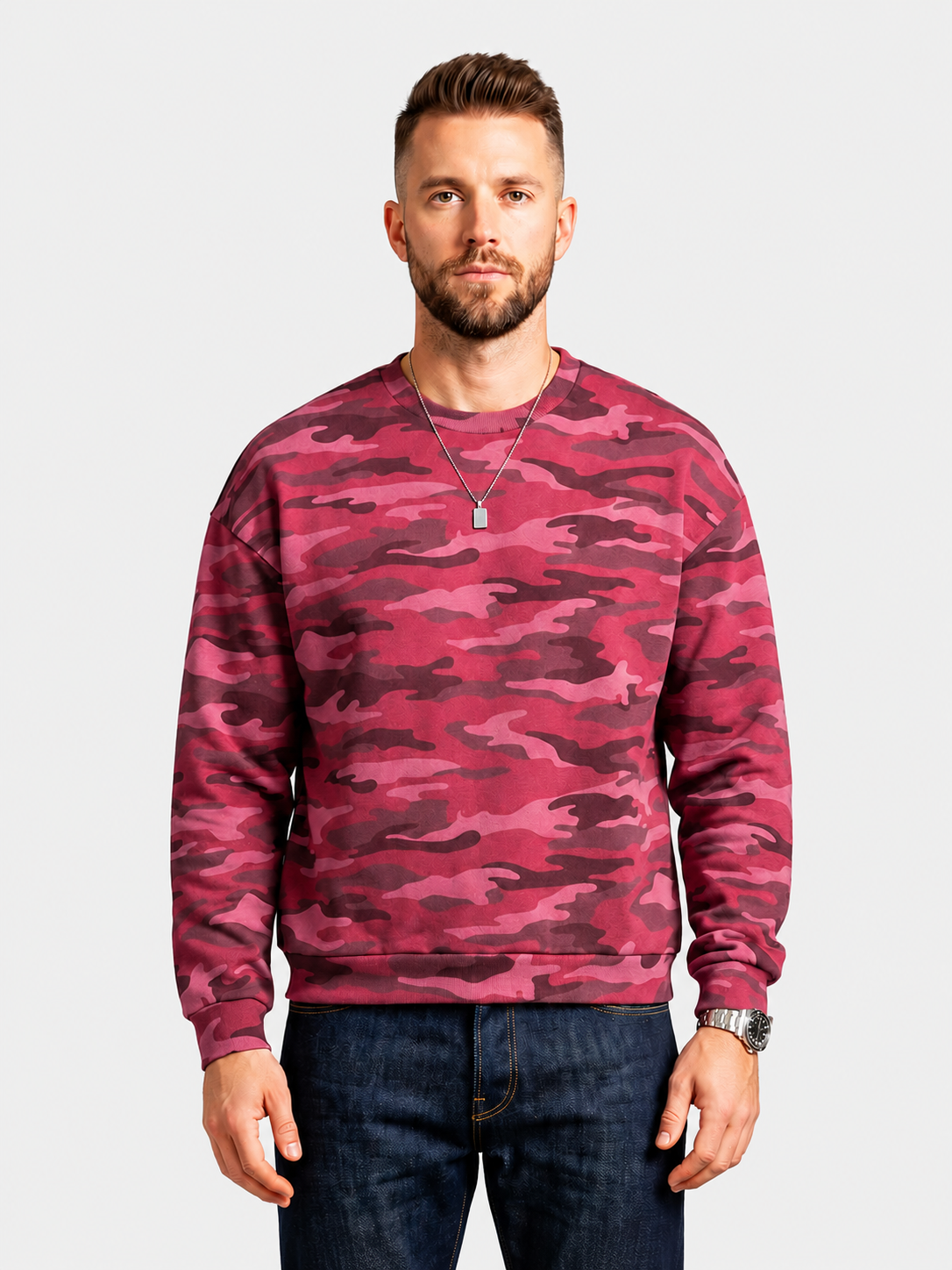 Felpa oversize girocollo con stampa mimetica rosa