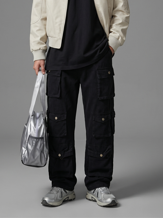 Vintage Washed Multi-Pocket Wide-Leg Cargo Pants