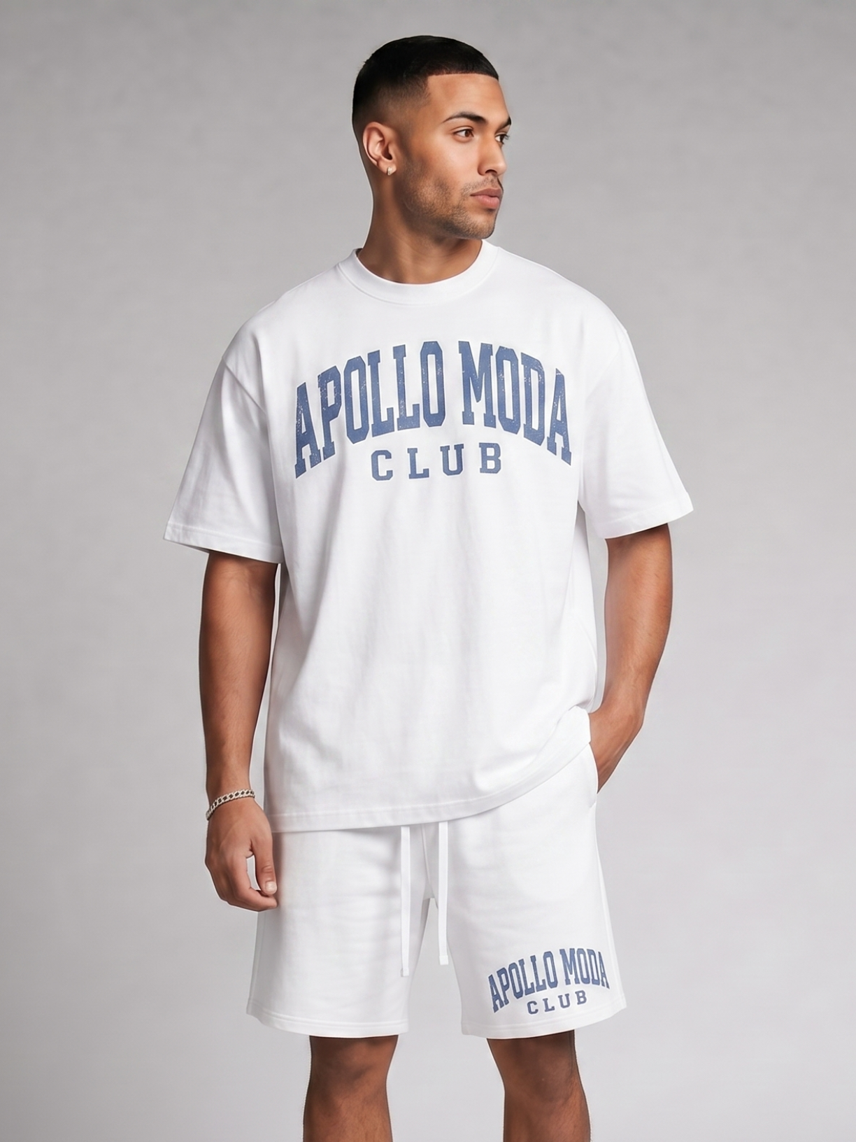 Club oversized collegiate graphic tee in white by Apollo Moda, view 5