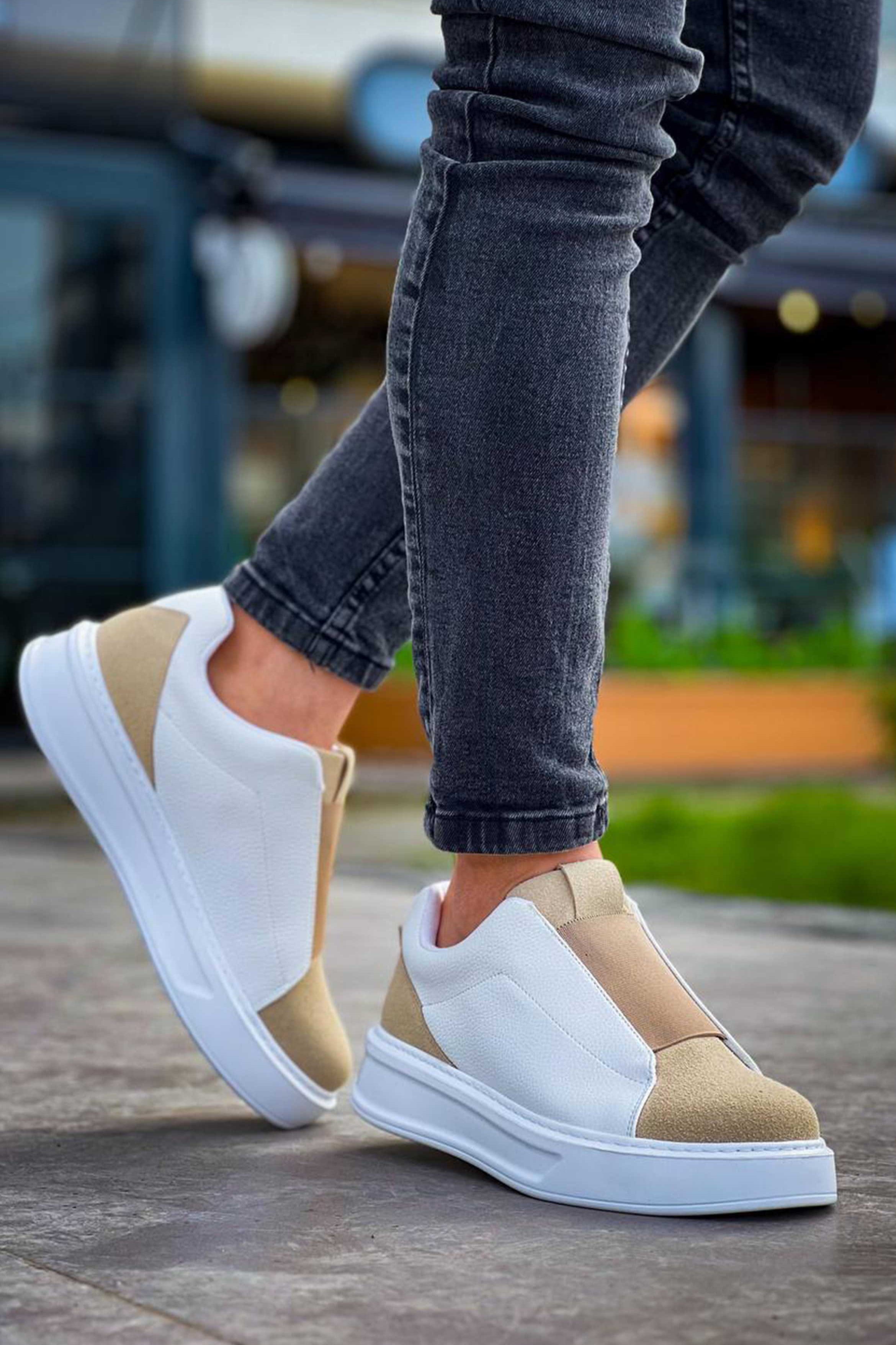 Izmir X-5 slip-on sneaker in white and beige by Apollo Moda, view 6