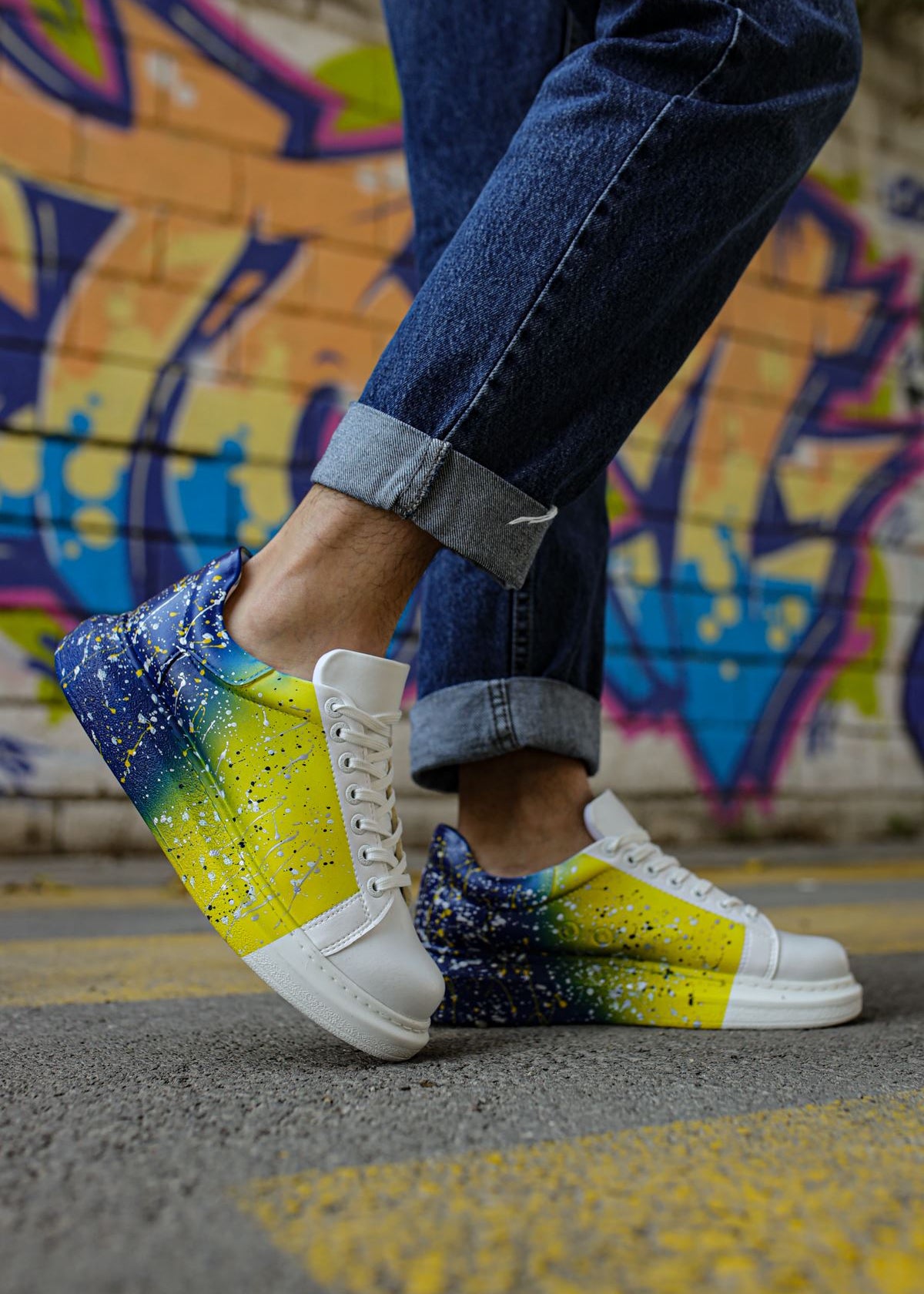 Urban Pulse Motion Flow hand-painted custom sneaker in yellow and blue by Apollo Moda, view 5